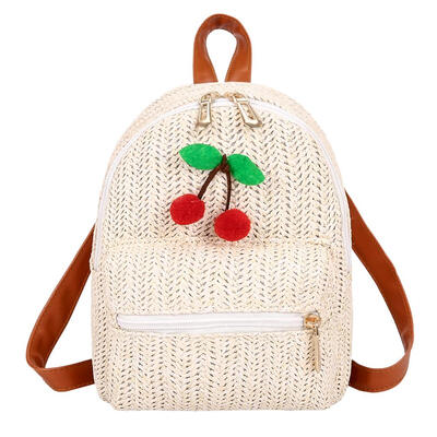 

Cherry Decor Shoulder Bags Beach Women Travel Backpacks Straw Knapsack