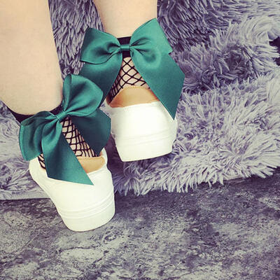 

Women Girls Fishnet Ankle High Short Socks Big Bowknot Mesh Knee-Highs Fish Net