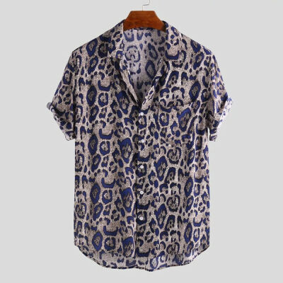 

Mens Slim Fit Leopard Printed Shirts Short Sleeve Casual Beach Blouse Tops Tees