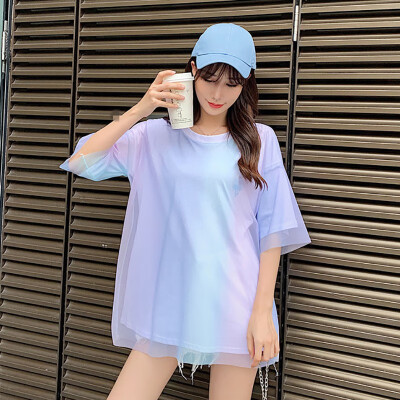 

Womens Fake Two Pieces Casual O Neck Rainbow-Colored Mesh Stitching Short Sleeve Loose T-Shirt