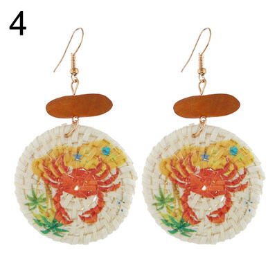 

Dolphin Seahorse Parrot Pattern Round Rattan Charm Lady Statement Hook Earrings