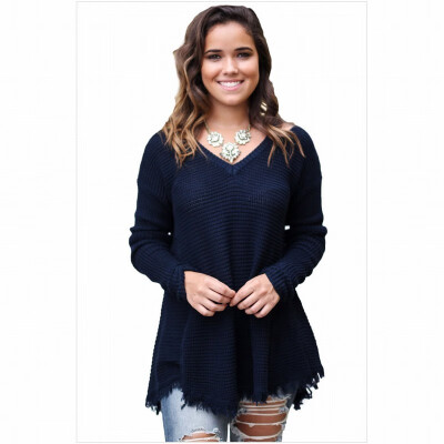 

V-neck long-sleeved off-the-shoulder sweater casual knit sweater womens