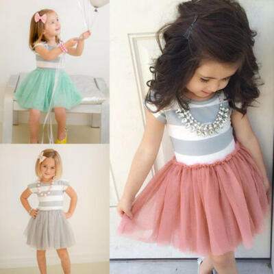 

Kids Baby Flower Girls Striped Lace Tulle Tutu Dress Princess Party Wedding Gown