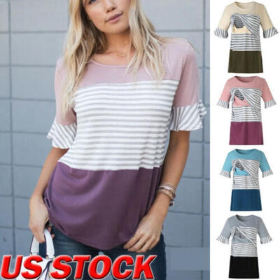 

2019Women Maternity Stripe Blouse Breastfeeding Top Short Sleeve Nursing T-shirt