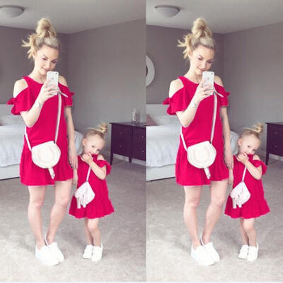 

Mother And Daughter Dresses Matching Mom Girls Mini Short Dress Family Clothes