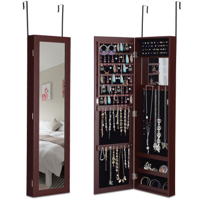 

Wall Door Mounted Mirrored Jewelry Cabinet Storage Organizer-Coffee