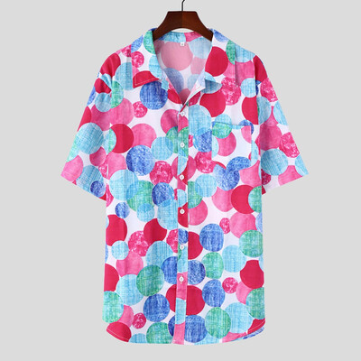 

Tailored Mens Ethnic Printed Stand Collar Colorful Stripe Short Sleeve Loose Shirt