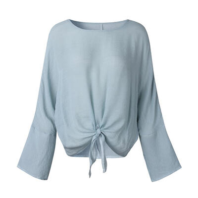 

Women Casual Loose Crop Tops Long Sleeve Fashion Lace-up Hem Simple T-shirt