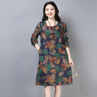 

Tailored Women Fashion Plus Size Folk-Custom Loose Floral Printed Cotton And Linen Dress
