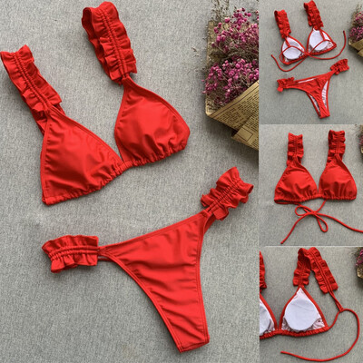 

Roseonmyhand Women Two Piece Swimsuit Strappy Bikini Set Solid Ruched Swimwear Beachwear