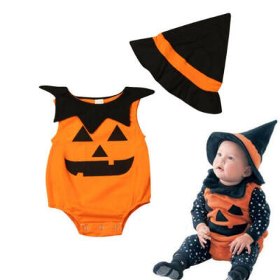 

US Newborn Baby Girl Boy Halloween Pumpkin Set Romper Bodysuit Hat Outfits 0-18M