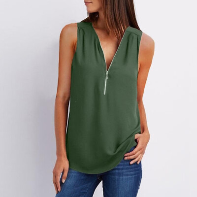 

New Women Loose Vest Tank Top V-Neck Sleeveless Zipper Casual Chiffon Shirt Top Pullover