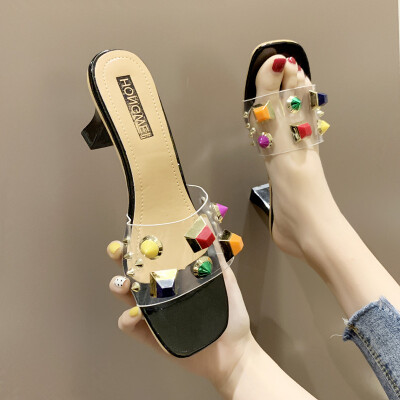 

Coarse-heeled transparent sandals with one-word slippers Personality Colored beads Medium-heeled womens shoes Candy-colored summe