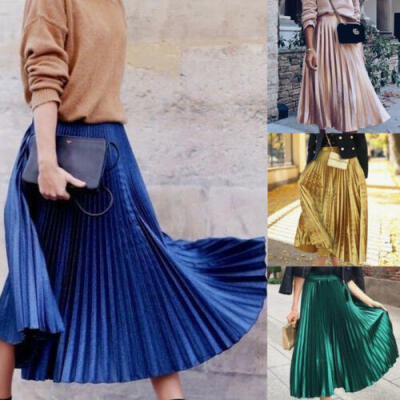 

Women Sexy High Waist Loose Maxi Skirt Pleated Retro Long Dress Elastic Waist