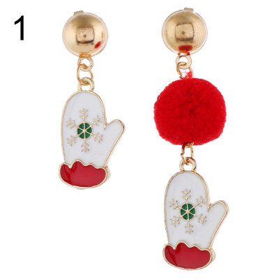 

Women Christmas Santa Snowflake Gloves Pompom Long Asymmetric Drop Stud Earrings