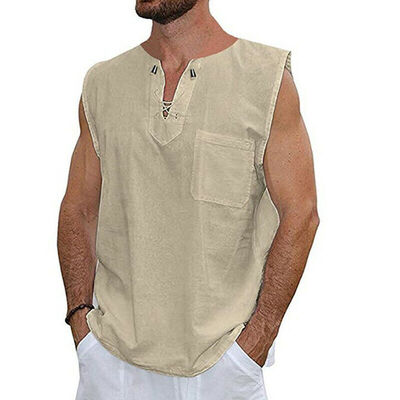 

Mens Linen Sleeveless Summer Solid Shirts Casual Loose Dress Soft Tops Tee