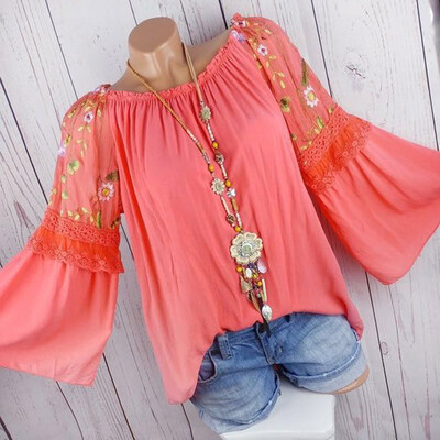 

Nomeni Fashion Women O-Neck Blouse Floral Embroidery Lace Flare Sleeve T-shirt Tops