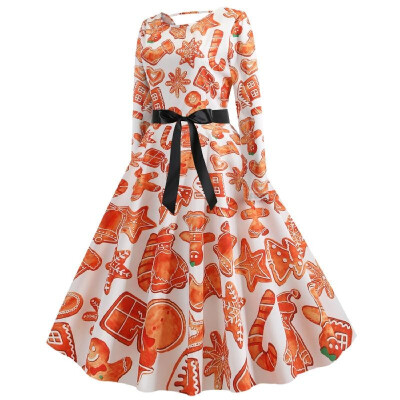 

F5358 Cross-border Christmas Explosion FallWinter Round Neck Long Sleeve Print Large Size Black Ribbon Big Dress Orange