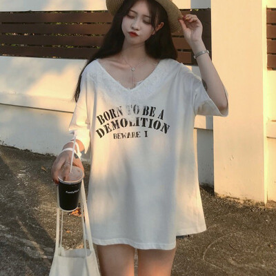 

Summer Tops Womens Harajuku Style Lace Stitching V Neck Letter Print Short Sleeve Loose T-Shirt camisetas verano mujer