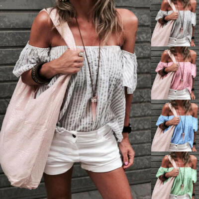 

Summer Womens Off Shoulder Tops Short Sleeve Shirt Casual Blouse Loose T-shirt