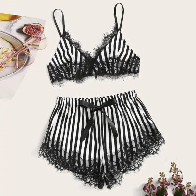 

Gobestart New Women Lace Satin Wireless Bra Camisole Pajamas Sleepwear Bowknot Shorts Set