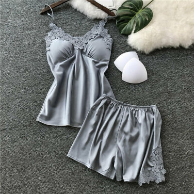 

Summer Women Sexy Pajamas Silk Pijamas Sleepwear Deep V Sling Lingerie Set