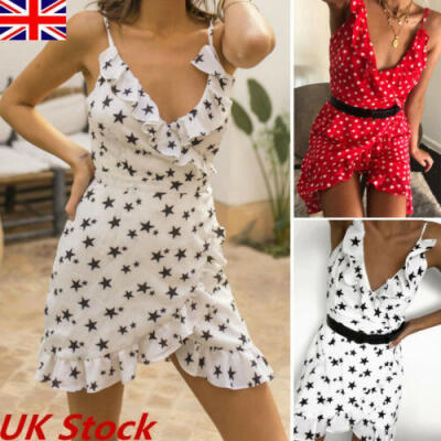 

Women Wrap Summer Boho Bandage Polka Dot Floral Dress Ladies Holiday Sundress UK