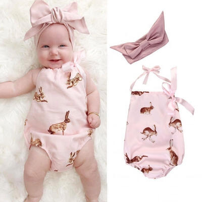 

Newborn Toddler Baby Girls Clothes Pink Rabbit Romper Bodysuit Outfits Headband 0-18Months