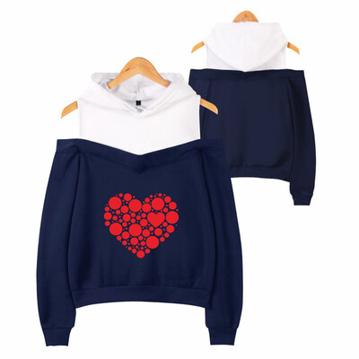 

Tailored Women Off Shoulder Heart-shap Print Loose Hooded Sweatshirt Fake Two-Piece Tops