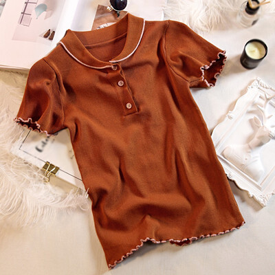 

Korean Style Solid Color button Turn Collar Neck Short-sleeved T-shirts Simple Casual Womens Knitted Tops