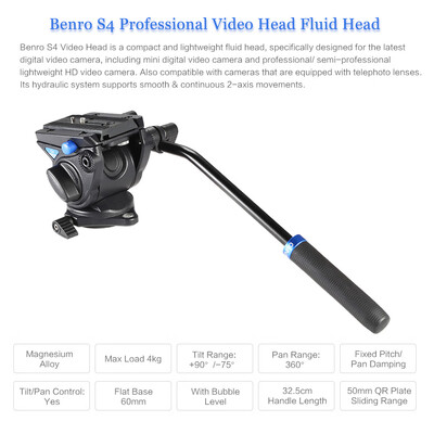 

Benro S4 Professional Video Head Fluid Head Hydraulic Damping 3D Tripod Head Video Camera Monopod Head Max Load 4kg