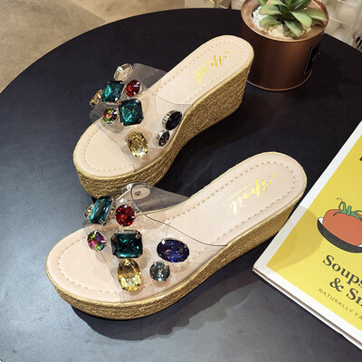 

Wedge slippers women summer 2019 new Korean fashion wear straw rhinestones Joker muffin thick bottom high heel sandals