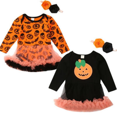 

Kids Baby Girls My 1st Halloween Pumpkin Romper Bodysuit Pumpkin Dress Headband