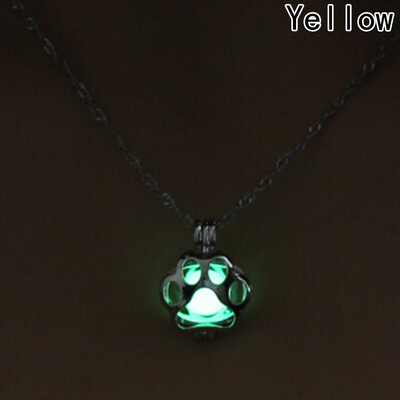 

Fashion Glow in the Dark Dog Paw Pendant Necklace Silver Chain For Women Girl Punk DIY Locket Cage Luminous Pet Jewelry