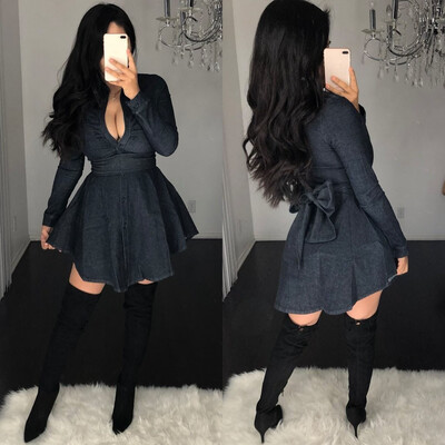 

Tailored Fashion Women Sexy Full Sleeve V Neck Solid Button Pullover Cowboy Mini Dress