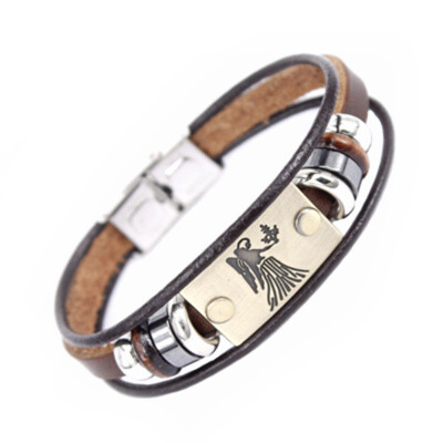 

Fashion 12 Constellation Signs Bracelet with Stainless Steel Clasp Leather Bracelet