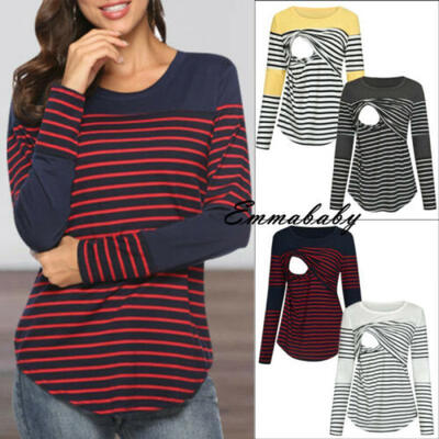 

Pregnant Maternity Clothes Women Nursing Top Breastfeeding T-Shirt Stripe Blouse