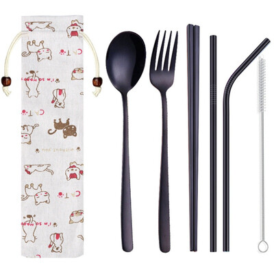 

Portable Travel Dinneware Set Stainless Steel Spoon Straws Chopsticks Fork Set With Linen Bag Kitchen Tableware