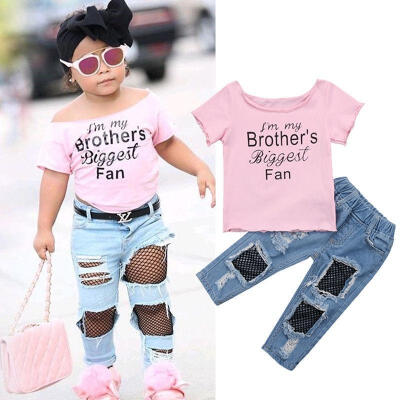 

Baby Fashion Kids Baby Girl Cotton T shirt TopsMesh Jeans Pants 2pcs Outfits Set Clothes