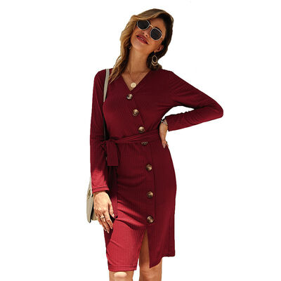 

Autumn And Winter New Long-sleeved V-neck Knit Dress