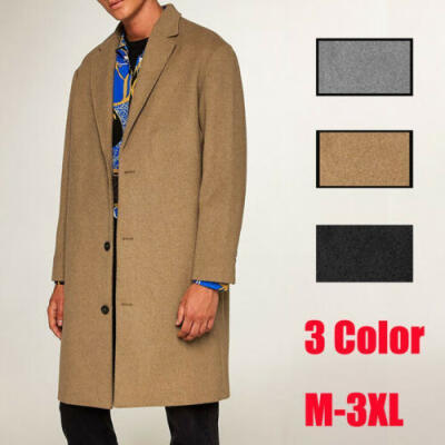 

Stylish Mens Lapel Windbreaker Woolen Overcoat Slim Fit Long Trench Coat Peacoat