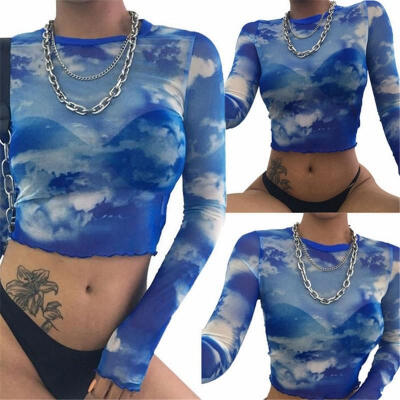 

Womens Sexy Mesh See Through Crop Top Long Sleeve Sky Digital Print Tee Blouse