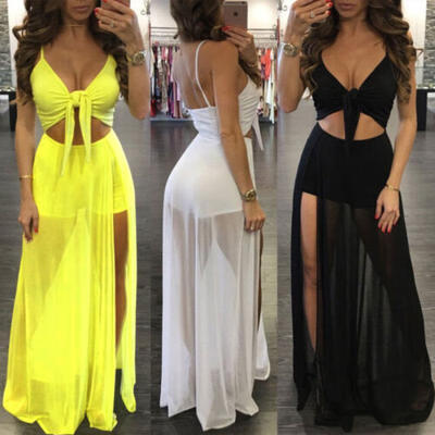 

Women Cross Romper Shorts Double High Slits Jumpsuit Maxi Party Long Beach Dress