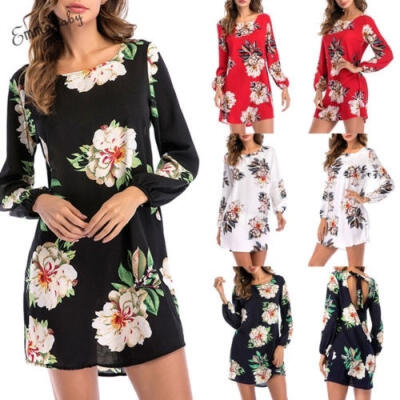 

Women&39s Vintage Boho Floral Long Sleeve Dress Ladies Casual Party Knee Skirt