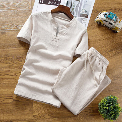 

Toponeto Summer Fashion Casual Mens Cotton Printed Short Sleeve Suit