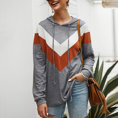 

Tailored Women Casual Stripe Patchwork Long Sleeve Pullover Hooded Sweater Top Blouse