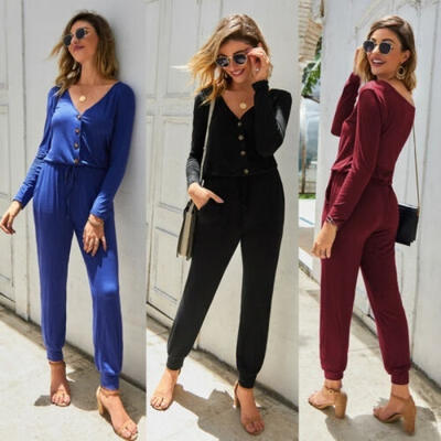 

Women Long Sleeve Strap Wide Legs Bodycon Jumpsuit V-neck Romper Trousers Clubwear