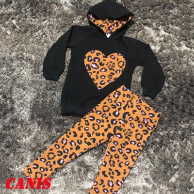 

US 2PCS Toddler Kids Baby Girl Clothes Leopard Hooded Tops Pants Trousers Outfit