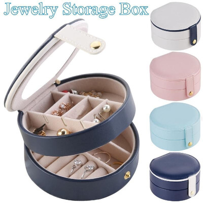 

Jewelry Storage Box Organizer Round Portable PU Leather Rings Earrings Necklaces Jewel Small Cosmetic Plate Travel Carrying Packag
