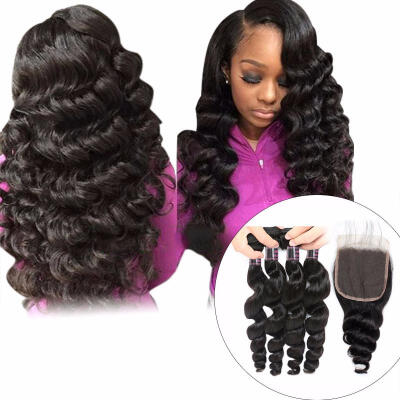 

Brazilian Loose Wave Bundles With Closure Three Part 100 Human Hair 4 Bundles With Closure Non Remy Hair Extensions